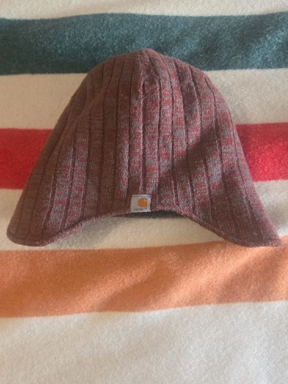 Carhartt Earflap Ribbed Fleece Lined Beanie in Maroon and Gray